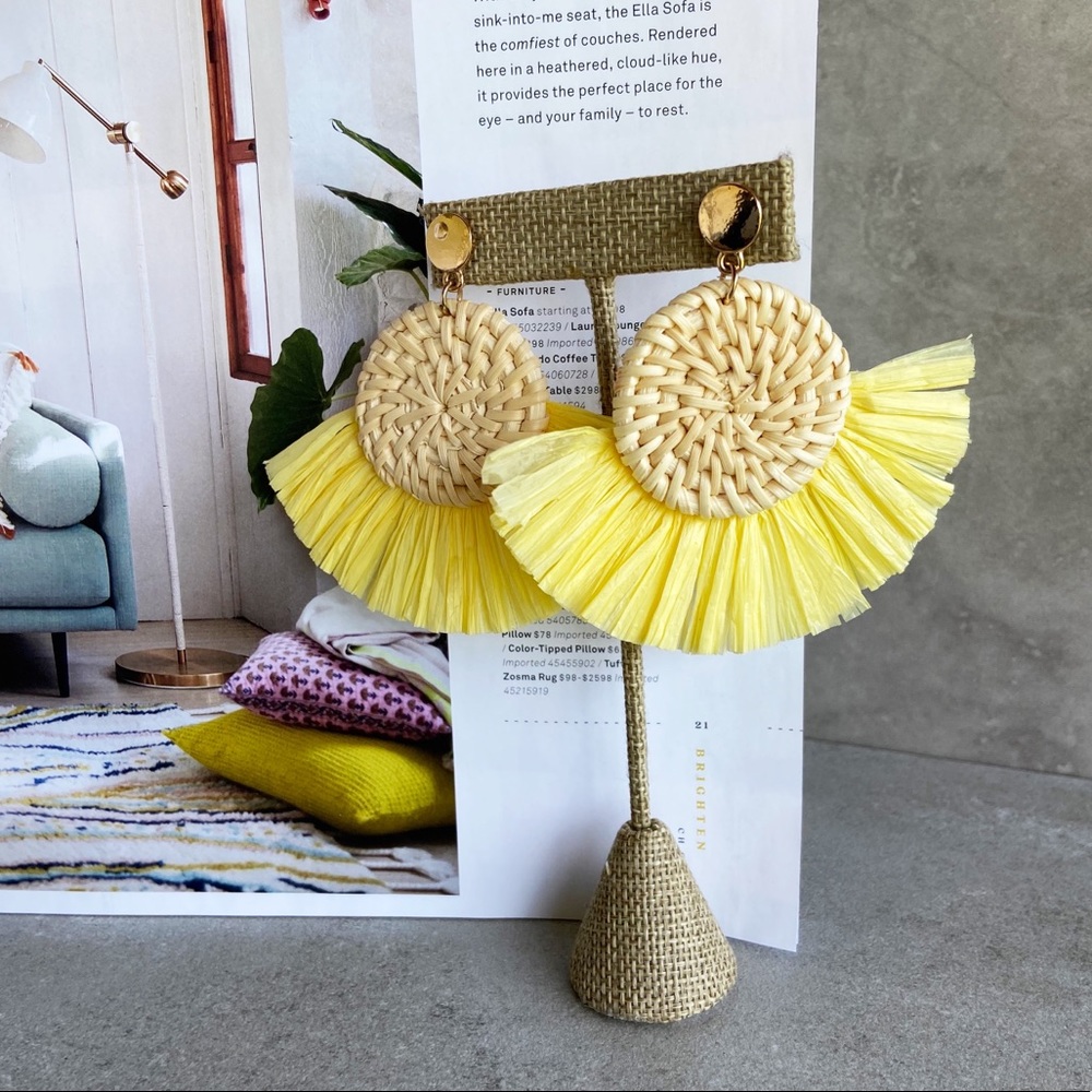 Rattan Yellow Woven Fashion Statement Earrings - Picture 2 of 6